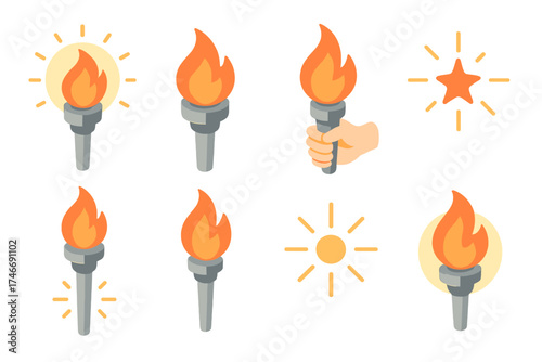 Torch Icon Set. Torch of hope isometric set. torch with aura, burning flame, torch in hand, glowing spark, tall flame torch, bright light, flame with beams, symbolic glow.