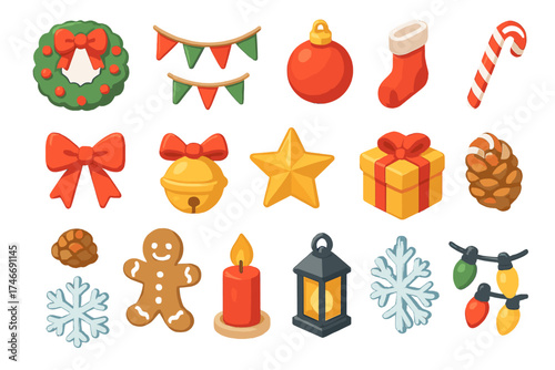 Festive Holiday Icons. Holiday decor isometric set. wreath, garland, ornament, stocking, ribbon bow, jingle bell, festive star, candy cane, pinecone, gingerbread man, festive