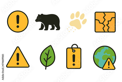 Endangered Species Icons. Species at risk isometric set. warning circle, animal silhouette, fading footprint, cracked ground icon, exclamation inside triangle, vanishing leaf
