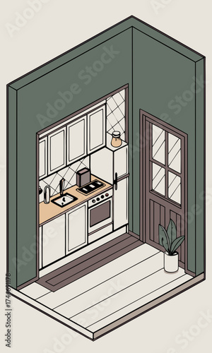 Isometric illustration of a modern kitchen interior design with appliances and a plant.
