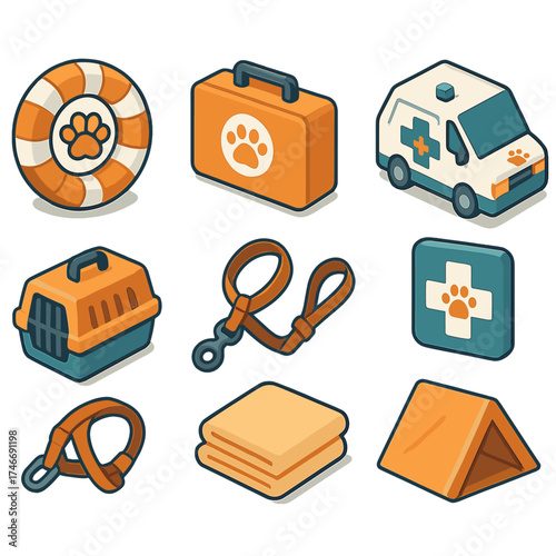 Pet Emergency Essentials Icons. Emergency rescue isometric set. life preserver with paw, rescue kit, ambulance with paw, vet cross, carrier crate, leash and harness, safe blanket