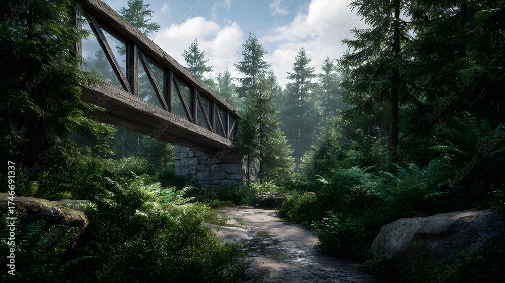 Fototapeta premium A wooden bridge crosses a forest stream surrounded by lush greenery and tall trees under a bright sky