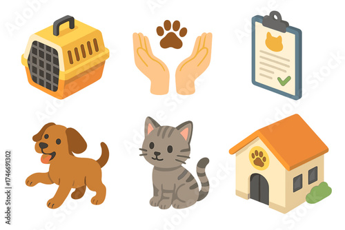 Animal Shelter Icons. Animal shelter isometric set. pet carrier, caring hands, adoption form, playful puppy, curious kitten, shelter building