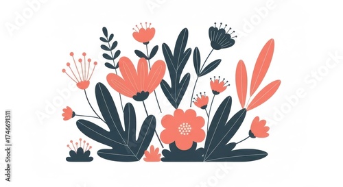 Stylized illustration of coral flowers & dark blue foliage on white background