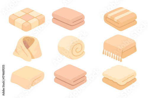 Isometric Blanket Icons. Soft blanket isometric set. quilt with squares, folded comforter, striped throw, cozy wrap, fluffy roll, tasseled blanket, warm fabric, layered cover.