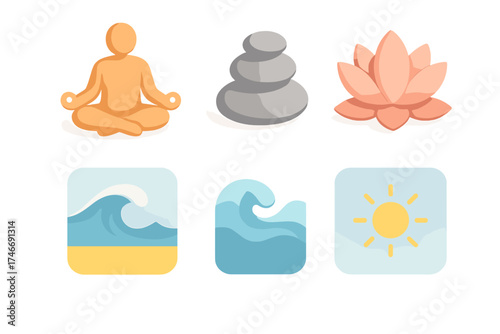 Mental Balance Icons. Mental balance isometric set. meditating figure, balanced stones, calm wave, lotus flower, sunrise horizon, clear sky