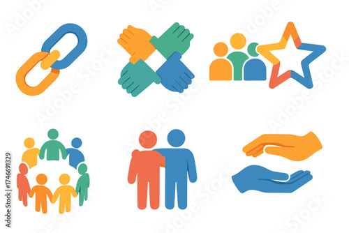 Unity Icon Set. Togetherness isometric set. chain link, interwoven hands, group silhouettes, unity star, people ring, holding arms, supporting hands, collective shape.