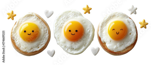Cheerful breakfast scene featuring three smiling fried eggs on toasted bread with stars and hearts
