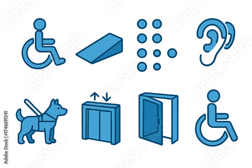 Accessibility Icons Set. Accessibility features isometric set. wheelchair symbol, ramp icon, braille icon, hearing aid symbol, guide dog icon, elevator icon, wide door icon