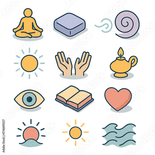 Mindful Reflection Icons. Mindful reflection isometric set. meditation pose, cushion, breath line, spiral, aura circle, open hands, book, lamp, eye, heart, sunburst, wave.