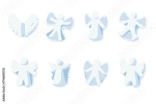 Frost Angel Icons. Frost angel isometric set. snow wings, body imprint in snow, frosty angel shape, spread arms and legs, snowy aura, radiant winter form, glowing imprint, snow
