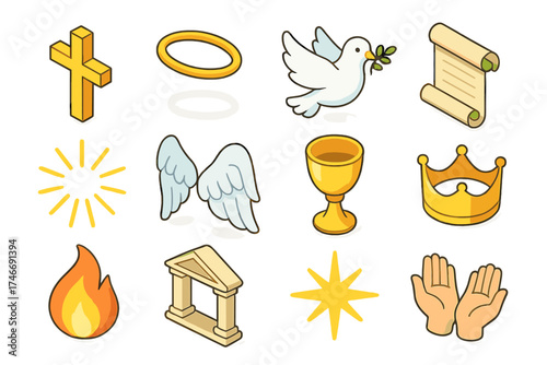Isometric Spiritual Icons. Spiritual strength icon isometric set. cross, halo, dove, scroll, rays of light, angel wings, chalice, crown, flame, temple arch, starburst, open hands.