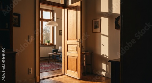 Sunlit room glimpsed through open doorway, vintage interior, warm light