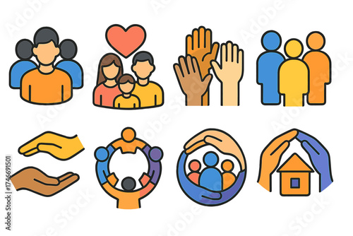 Community Icons Set. Community icons isometric set. group of people, family with heart, volunteer hands, diverse silhouettes, supporting hands, unity gathering, care circle, shared