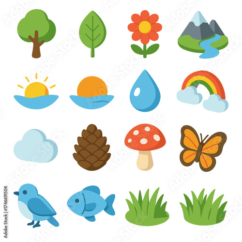 Isometric Nature Symbols. Nature symbols isometric set. tree, leaf, flower, mountain, river, sunrise, sunset, rain droplet, rainbow arc, cloud, pinecone, mushroom, butterfly, bird