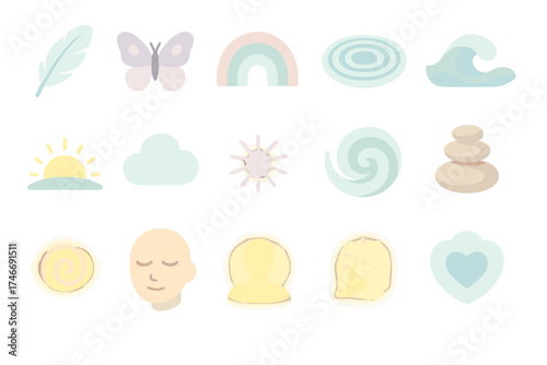 Calm Isometric Icons. Calm imagery isometric set. feather, butterfly, rainbow arc, ripple in water, flowing wave, sunrise horizon, cloud drift, aura burst, soft swirl, balanced