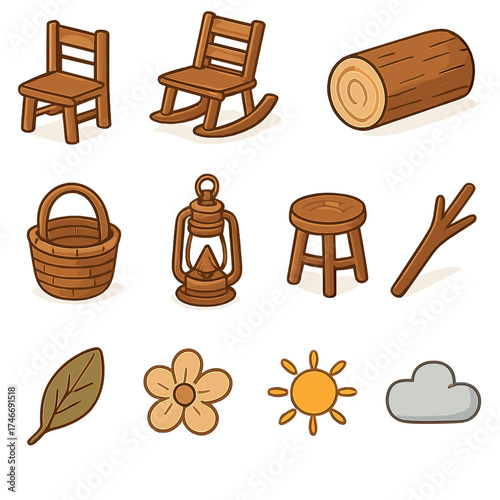 Rustic Chair Icons. Rustic chair isometric set. wooden chair, rocking chair, stool, log, basket, lantern, rope, branch, leaf, flower, sun, cloud.