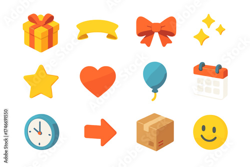 Colorful Icon Set. New arrival isometric set. gift box, ribbon, bow, sparkles, star, heart, balloon, calendar, clock, arrow, package, smile.