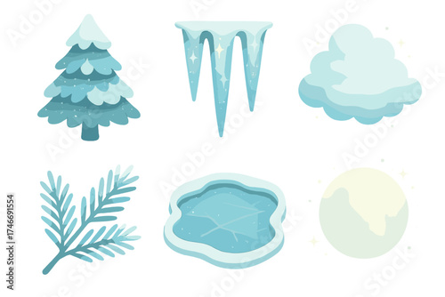 Frosted Pine Icons. Frosted pine isometric set. evergreen tree, sparkling icicles, winter mist, pine sprig, frozen lake, glowing moon
