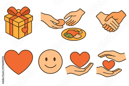 Generosity Icons. Generous act isometric set. gift box with heart, hand passing item, shared meal, helping hands, love symbol, friendly smile, protective gesture, warm care.