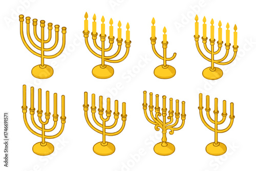 Isometric Menorah Icons. Classic menorahs isometric set. traditional menorah, menorah with candles lit, menorah with single candle lit, menorah fully lit, menorah with tall candles