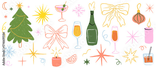 Vector set of hand drawn illustrations, doodle elements for Christmas celebration banners, invitations, birthday party cards, prints. Christmas dinner with champagne and cocktails in wax crayon style.