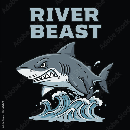 Cartoon shark jumping out of water with river beast text bundle design
