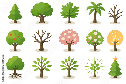 Isometric Tree Icons. Tree icons isometric set. pine tree, oak tree, maple tree, palm tree, fruit tree, bare tree, tree silhouette, blossoming tree, tree with roots, tree with