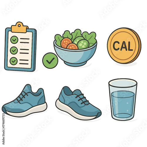 Healthy Living Icons. Diet plan isometric set. clipboard form, check marks, salad bowl, calorie symbol, running shoe, glass of water