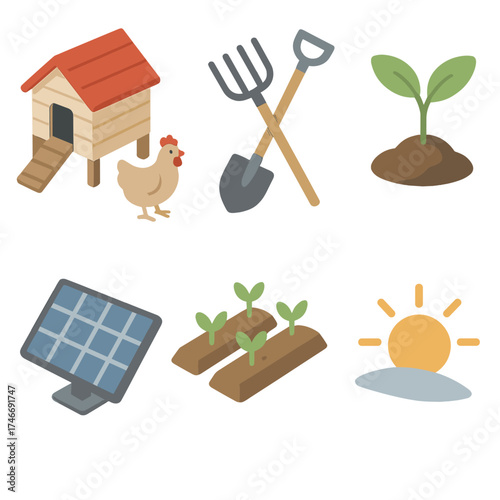 Sustainable Farm Icons. Sustainable farm isometric set. chicken coop, farm tools, seedling, solar panel, crop rows, rising light