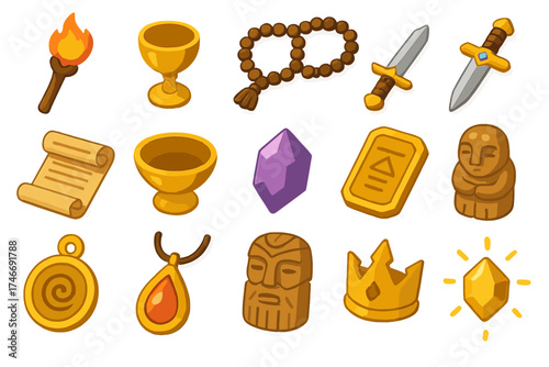 Sacred Object Icons. Sacred objects isometric set. staff with flame, chalice, prayer beads, ritual dagger, sacred scroll, offering bowl, crystal stone, golden tablet, amulet