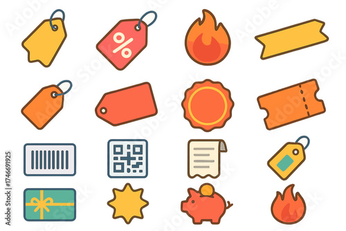 Isometric Sale Icons. Sale icons isometric set. sale tag, discount tag, percentage tag, hot deal tag, limited offer tag, clearance tag, final sale tag, coupon ticket, barcode, QR