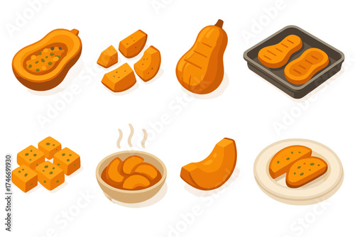 Squash Icons Collection. Cooked squash isometric set. baked half with filling, sliced roasted pieces, whole baked gourd, tray with squash, seasoned cut squash, steaming dish