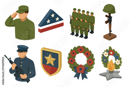 Military Tribute Icons. Military tribute isometric set. saluting soldier, folded flag, rifle with helmet, troop formation, honor guard, veteran badge, memorial wreath, eternal