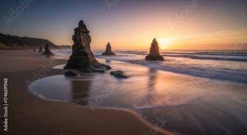 Sunset at beach, rock formations, sand reflections and blurred sea
