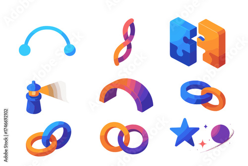 Isometric Bond Icons. Abstract bonds isometric set. glowing connection, radiant thread, puzzle pieces fitting, bridge link, guiding light bond, intertwined rings, double star