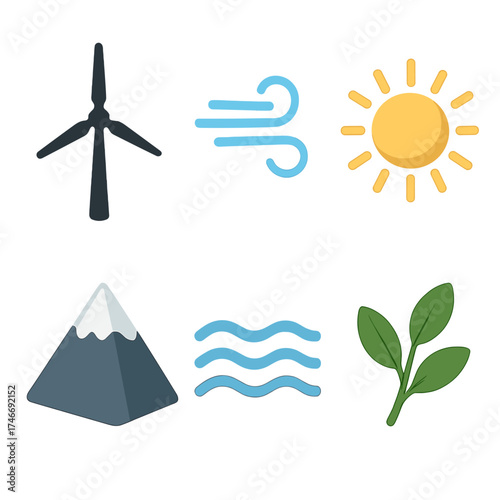 Isometric Wind Turbine Icons. Wind turbine isometric set. turbine silhouette, gust lines, mountain peak, radiant sun, wave lines, green sprig