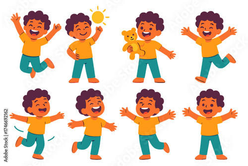 Joyful Child Icons. Bright child flat icon set. beaming face, jumping joy, child with sun, smiling with toy, excited pose, joyful spin, laughing expression, arms wide open.
