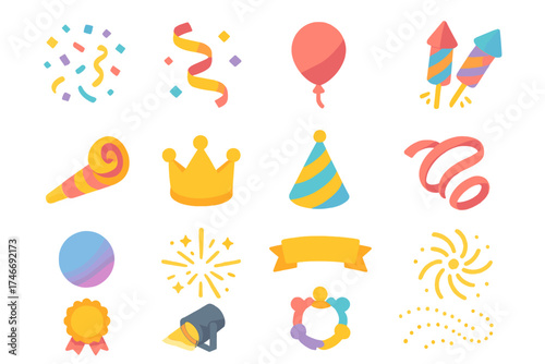 Festive Icon Collection. Festive extras isometric set. confetti, streamer, balloon, fireworks, festive horn, crown, party hat, ribbon swirl, glowing orb, starburst, banner, festive