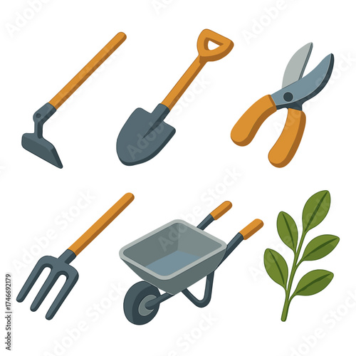 Garden Tools Icons. Garden tools isometric set. hoe, shovel, pruning shears, garden fork, wheelbarrow, leafy sprig
