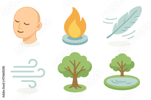 Mental Balance Icons. Mental balance isometric set. serene face, steady flame, floating feather, gentle breeze, tree of life, tranquil lake