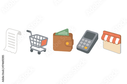 Isometric Receipt Icons. Receipt slip isometric set. long receipt, shopping cart icon, wallet symbol, payment method, date stamp, store header