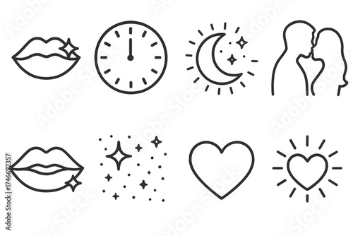 Midnight Romance Silhouette. Midnight kiss outline set. pair of lips, clock at twelve, glowing moon, couple silhouette, starry night, lips with sparkle, heart icon, radiant glow.