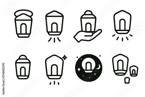 Dreamlike Lanterns. Dream lantern outline set. lantern with halo, rising lantern, lantern in hand, floating light, lantern with spark, lantern in night sky, glowing orb lantern