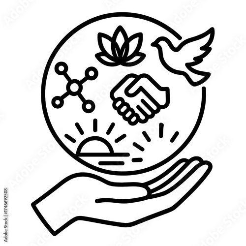 Harmony in Symbols. Support hand outline set. raised palm, wellness icon, connected dots, unity circle, dove symbol, radiant horizon