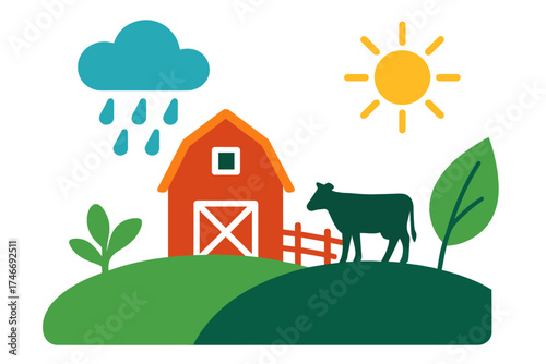 Modern Sustainable Farm. Sustainable farm flat icon set. barn house, rain cloud, pasture fence, cow silhouette, green leaf, bright sun