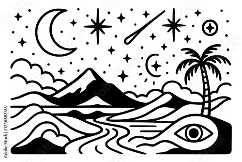 Celestial Desert Scene. Night imagery outline set. crescent moon, starry sky, cloudy horizon, mountain silhouette, desert dune, palm tree, flowing river, glowing horizon, radiant
