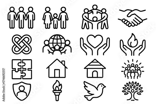 Community Unity Symbols. Community outline icons. people holding hands, family figures, group circle, handshake, unity knot, globe with people, heart in hands, shared flame, puzzle