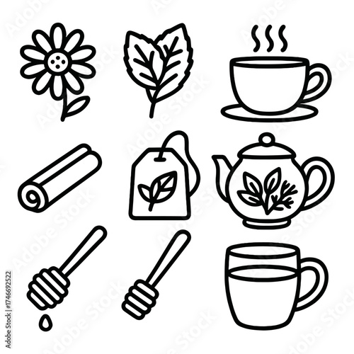 Herbal Tea Icons. Relaxing tea outline set. chamomile blossom, mint leaf tea, cup with steam, teapot with herbs, cinnamon stick, tea sachet, honey dipper, calming drink.