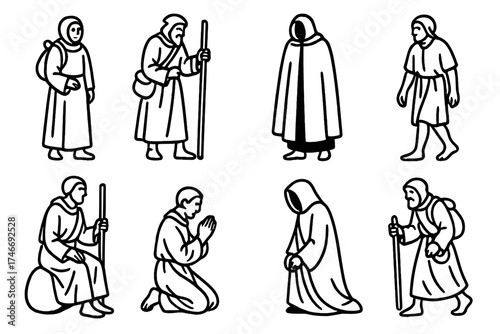 Iconic Pilgrim Silhouettes. Historic pilgrims outline set. robed pilgrim, staff pilgrim, cloaked pilgrim, barefoot pilgrim, hooded pilgrim, seated pilgrim, praying pilgrim, walking